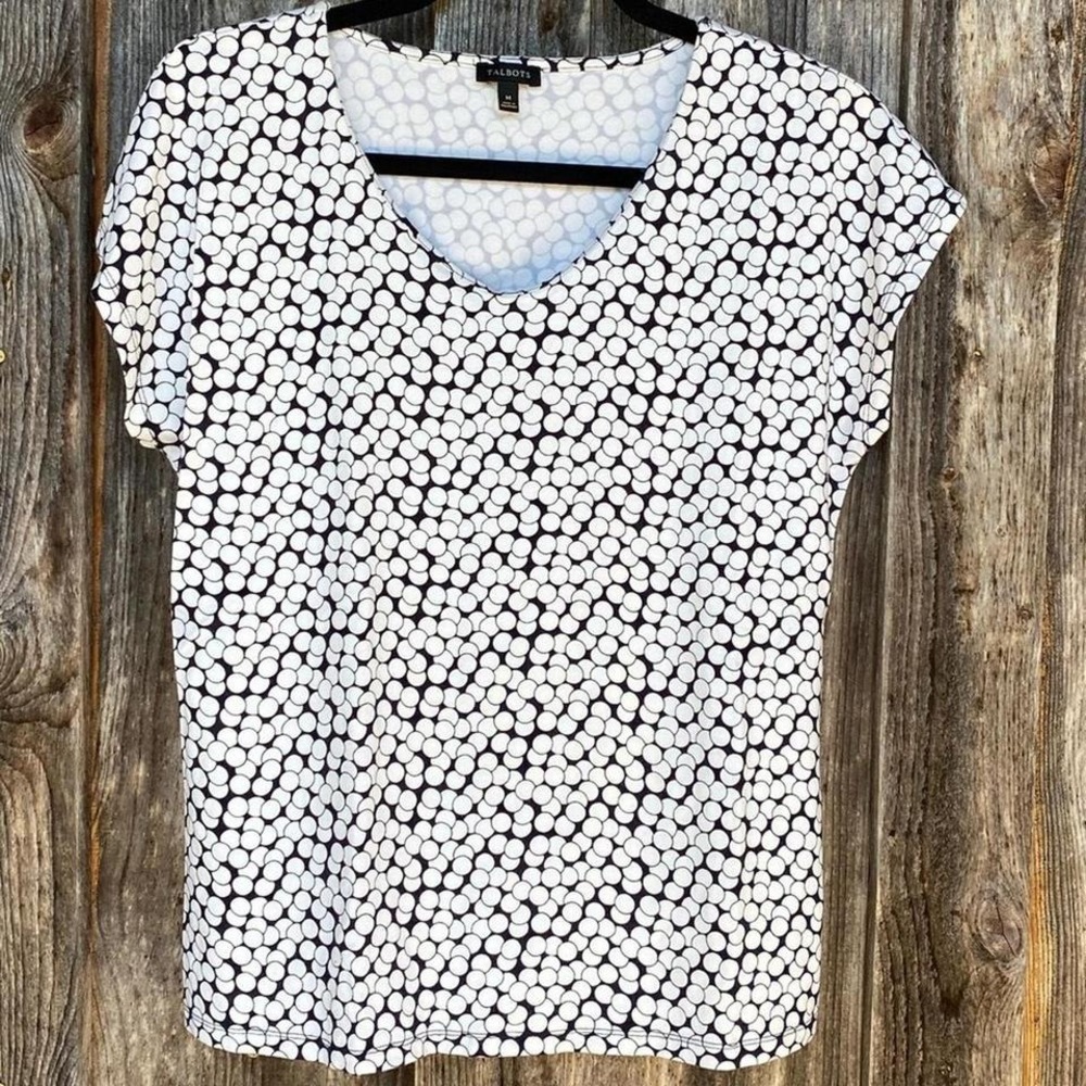 Talbots Navy Blue & White Bubble Print Stretch Knit Tee Cap Sleeves